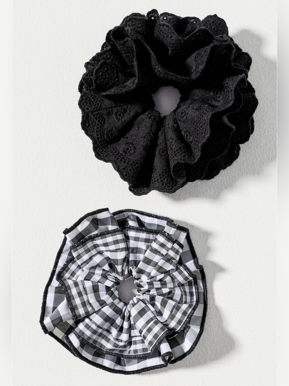 Set of 2 Eyelet & Gingham Scrunchies Black & White & Super Cute By Anthropologie